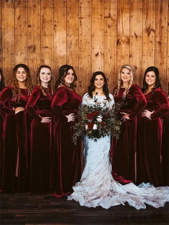 Long Sleeves Burgundy Velvet Bridesmaid Dresses for Fall Winter Wedding sold by My Chic Dress product image thumbnail 5
