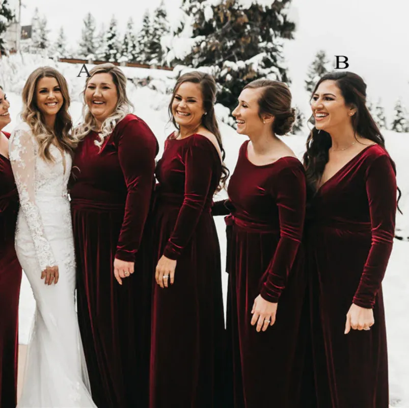Long Sleeves Burgundy Velvet Bridesmaid Dresses for Fall Winter Wedding sold by My Chic Dress