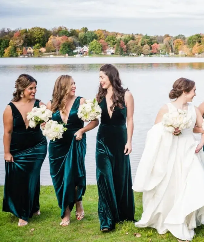 Long Winter Green Velvet Bridesmaid Dresses UK Deep V Neck Dress sold by My Chic Dress