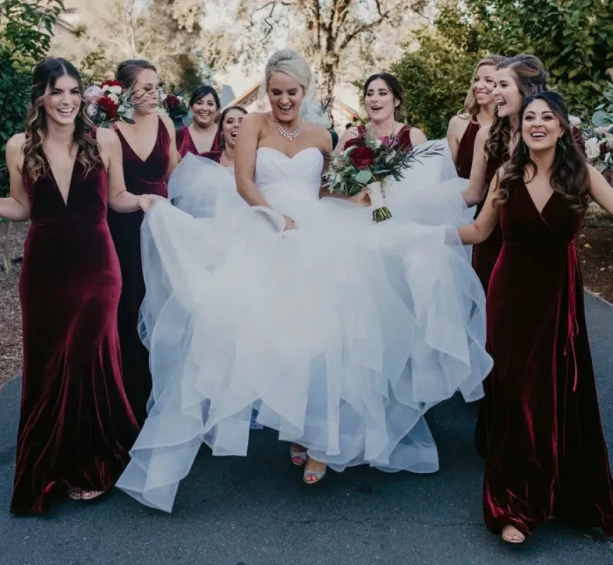 Affordable Winter Burgundy Velvet Bridesmaid Dresses UK V Neck Sleeveless sold by My Chic Dress