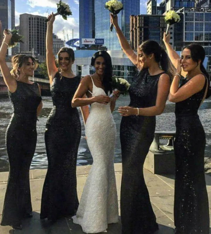 Long Black Sequin Bridesmaid Dresses Mermaid Sleeveless sold by My Chic Dress