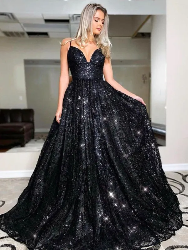 2025 A Line Black Sequin Prom Dresses V Neck Spaghetti Straps Lace Up sold by My Chic Dress