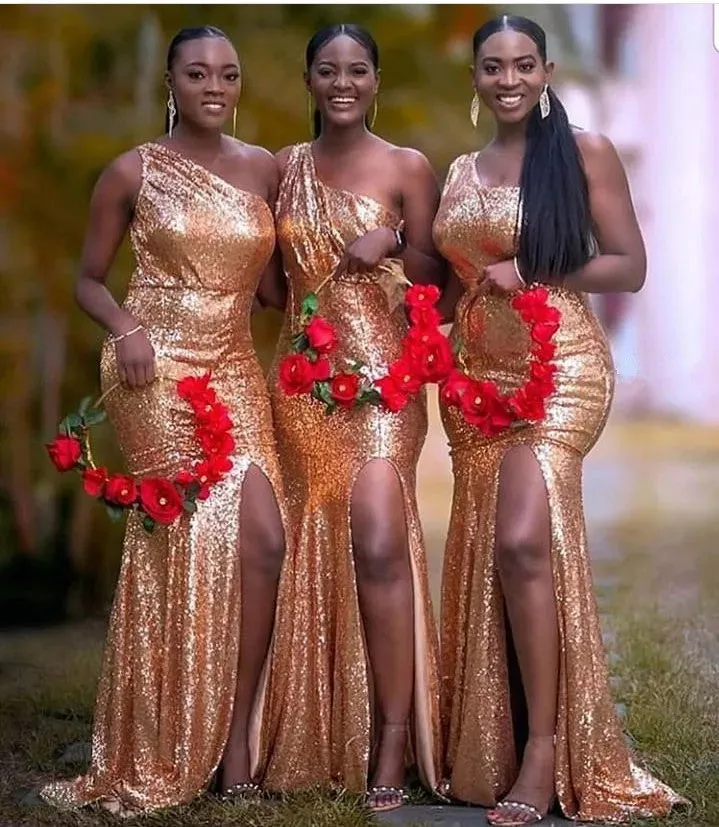 Mermaid One Shoulder Gold Sequin Bridesmaid Dresses with Split sold by My Chic Dress product image thumbnail 2