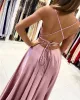 A Line Satin Blush Pink Prom Dresses Cross Back Split Side sold by My Chic Dress