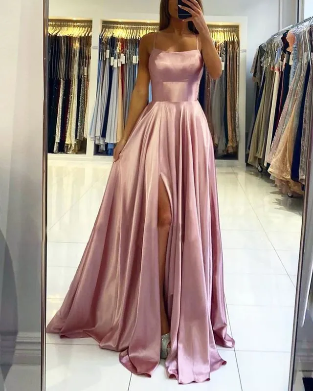 A Line Satin Blush Pink Prom Dresses Cross Back Split Side sold by My Chic Dress