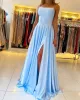 A Line Satin Blush Pink Prom Dresses Cross Back Split Side sold by My Chic Dress