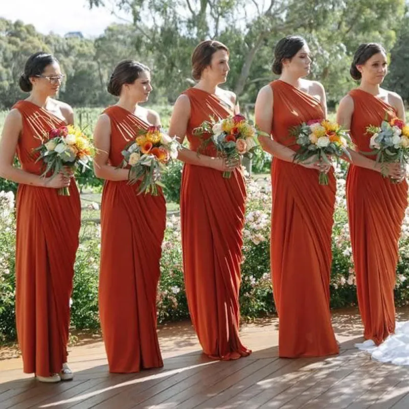 Sheath One Shoulder Orange Bridesmaid Dresses Ruffles sold by My Chic Dress