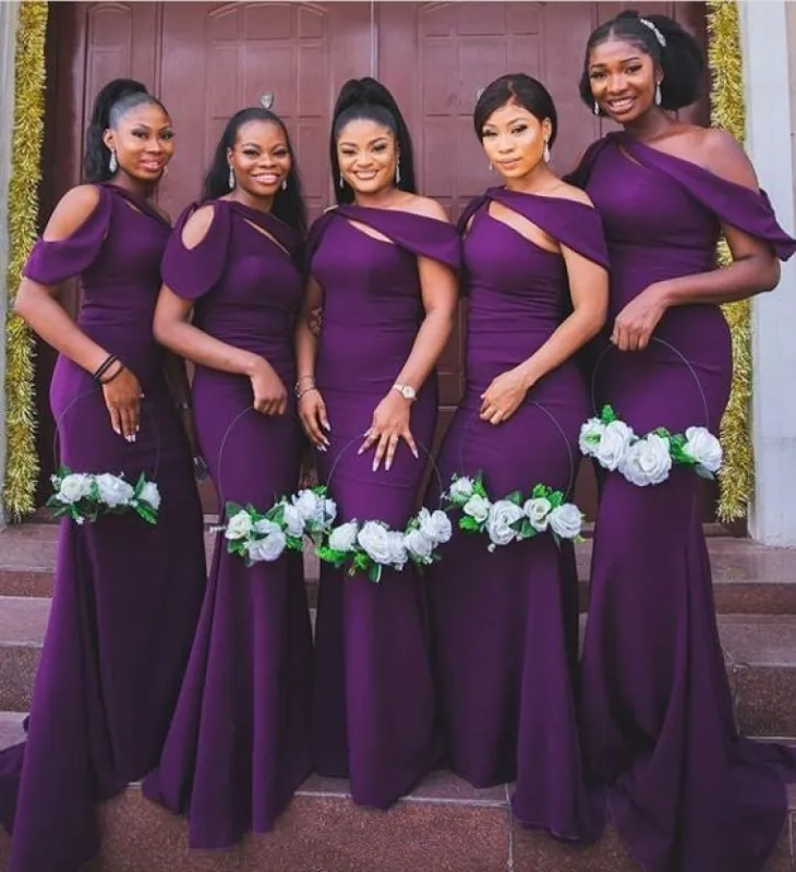 Hot Long Off the Shoulder Dark Purple Satin Bridesmaid Dresses Mermaid sold by My Chic Dress