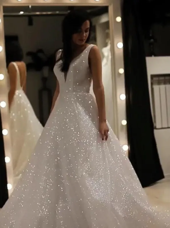 Sparkly A Line V-neck Sequins Wedding Gown Backless Prom Dress On Sale sold by My Chic Dress