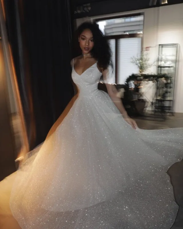 Sparkly Glitter White Prom Dresses Long A Line Sequin Wedding Dresses sold by My Chic Dress