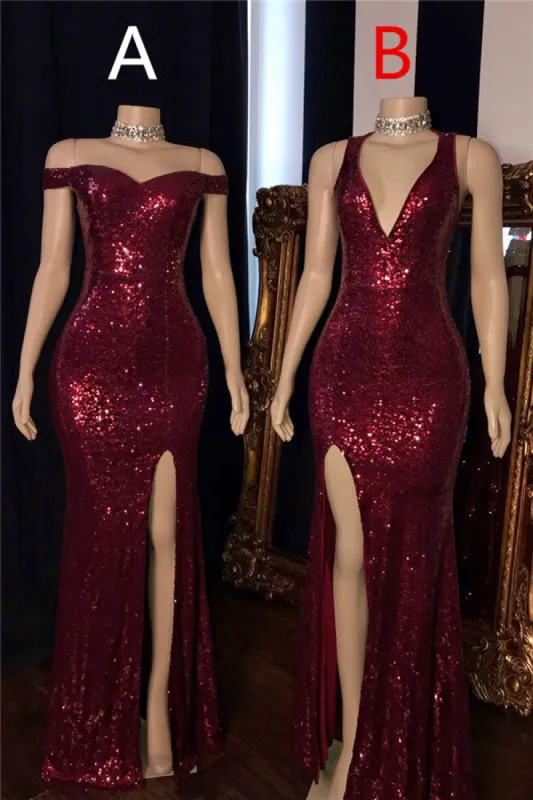 2025 Long Mermaid Burgundy Sequin Prom Dresses Glitter Split Evening Gown sold by My Chic Dress