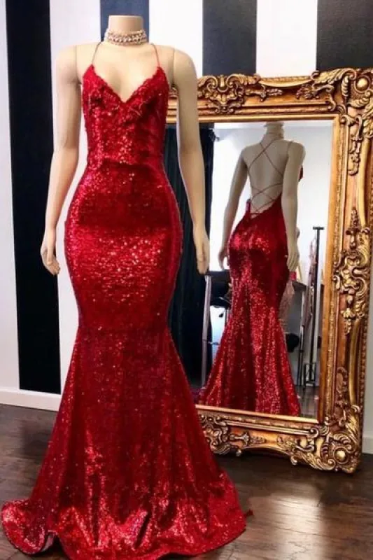 Long Sequin Red Prom Dresses Mermaid Sleeveless Evening Gown sold by My Chic Dress