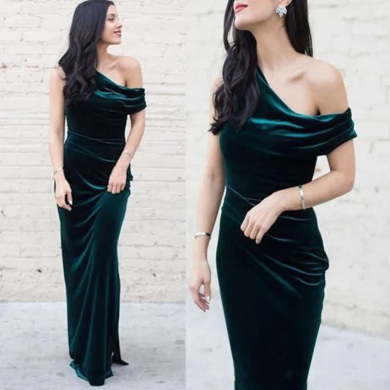 Unique Long Emeral Green Velvet Bridesmaid Dresses One Shoulder Wedding Guest Dress sold by My Chic Dress