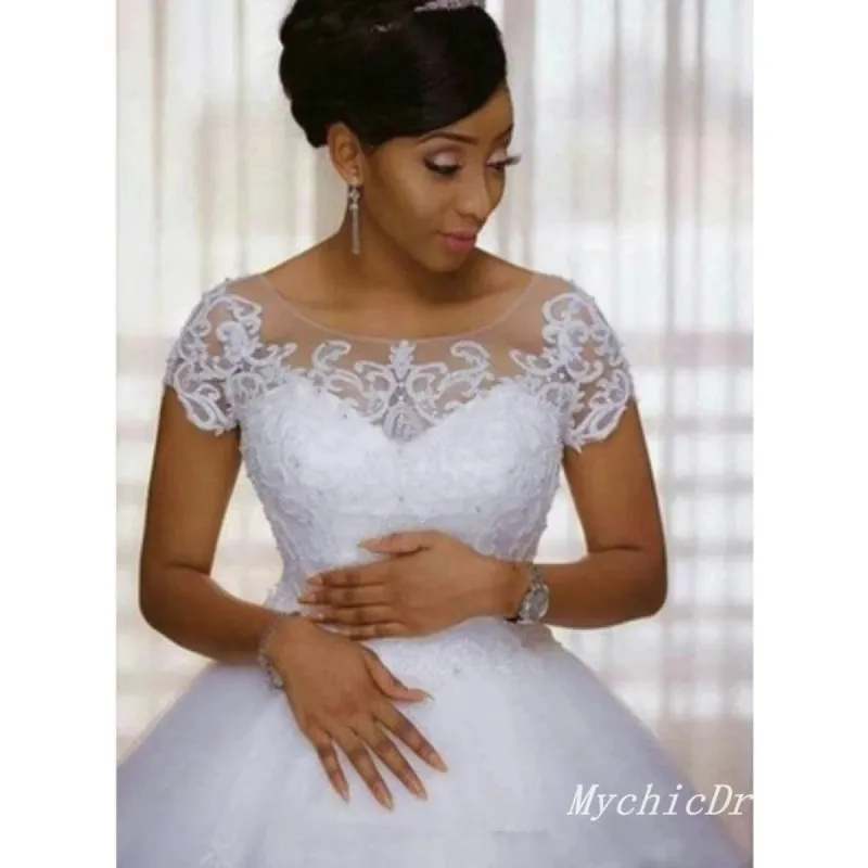 A Line Scoop Short Sleeves Lace African Wedding Dresses Sequins sold by My Chic Dress