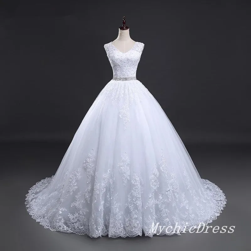 Vintage Wedding Dresses A Line Lace Apllique Bridal Gown Crystal Belt sold by My Chic Dress