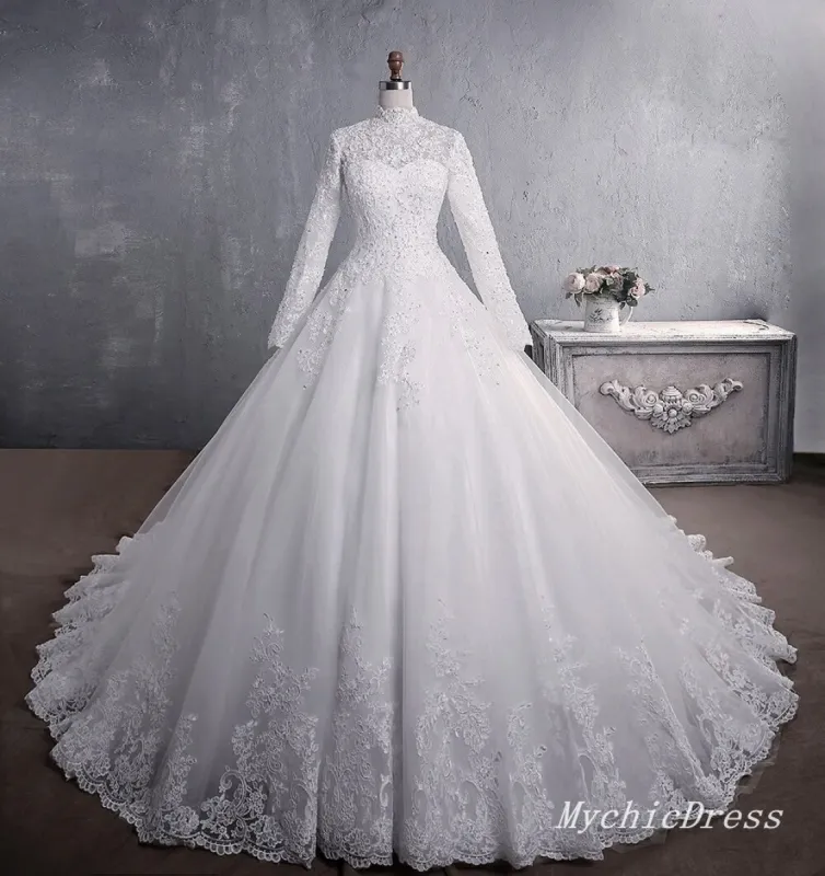 A Line Lace Applique Long Sleeves High Neck Muslim Wedding Dresses sold by My Chic Dress
