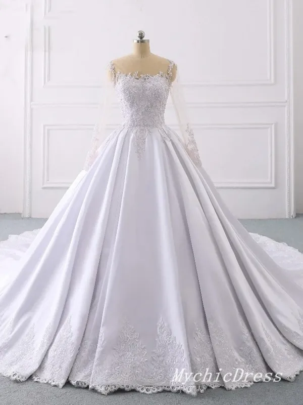 A Line Lace Applique Satin Wedding Dresses Long Sleeves with Button sold by My Chic Dress