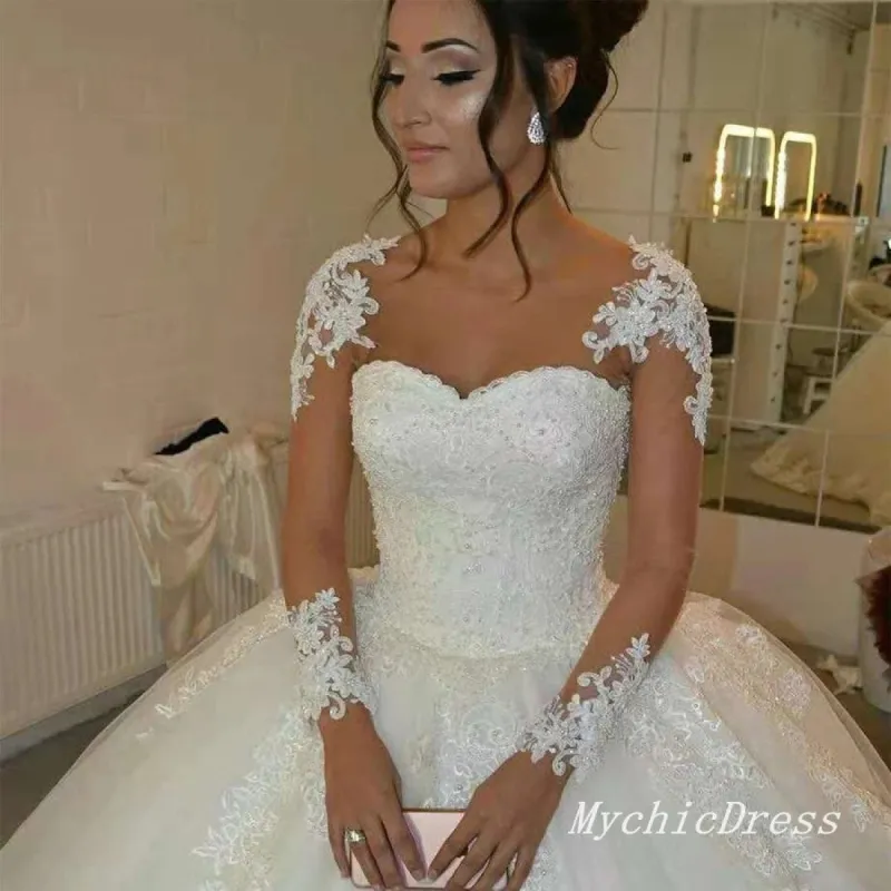 Ball Gown Long Sleeves Sequin Lace Wedding Dresses with Petticoat Free sold by My Chic Dress