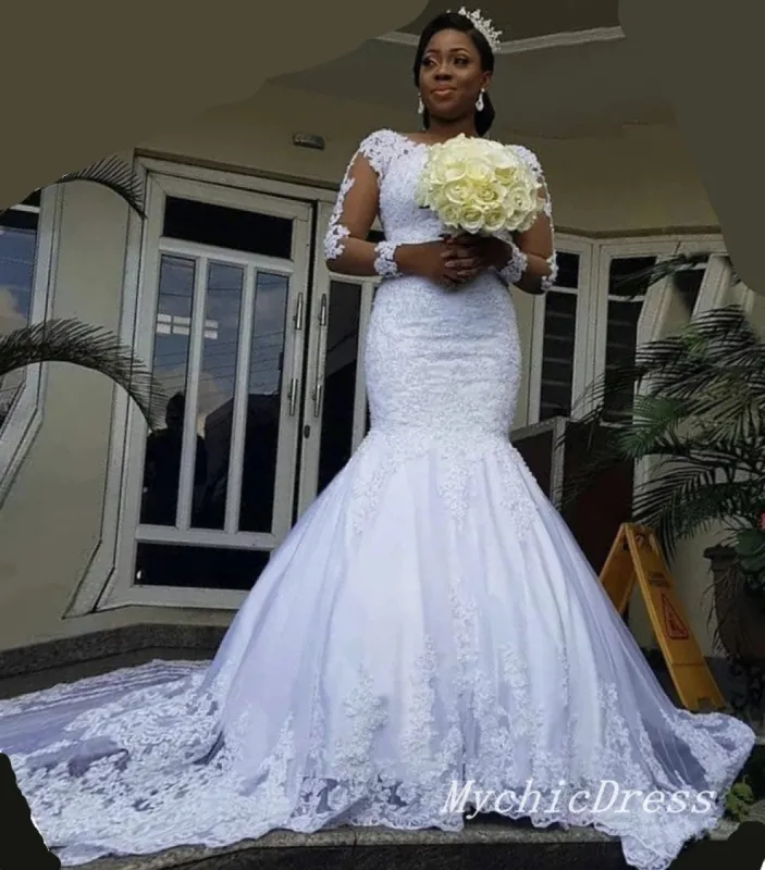 Mermaid Lace Applique Long Sleeves African Wedding Dresses sold by My Chic Dress