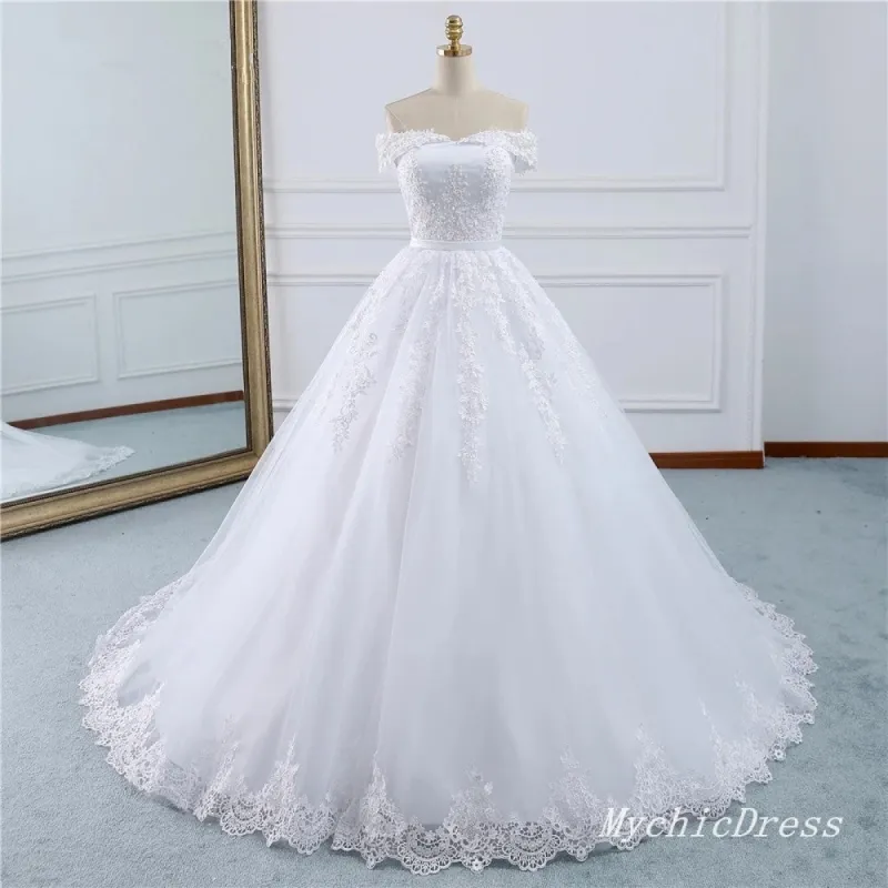 A Line Lace Appliques Beaded Boho Wedding Dresses Off the Shoulder sold by My Chic Dress