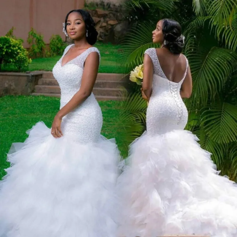 Vintage Sequin Mermaid South Africa Wedding Dresses with Ruffles Train sold by My Chic Dress