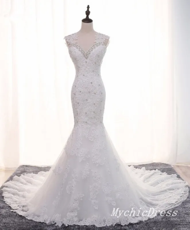 White Long Mermaid Lace Crystals Vintage Wedding Dresses sold by My Chic Dress