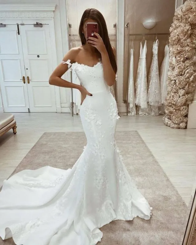 White Satin Wedding Dresses Appliques Mermaid Off the Shoulder Prom Dress sold by My Chic Dress