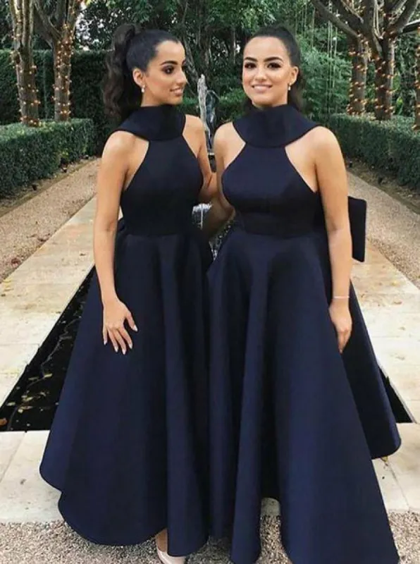 A Line High Neck Satin Bridesmaid Dresses Sleeveless with Bowknot sold by My Chic Dress