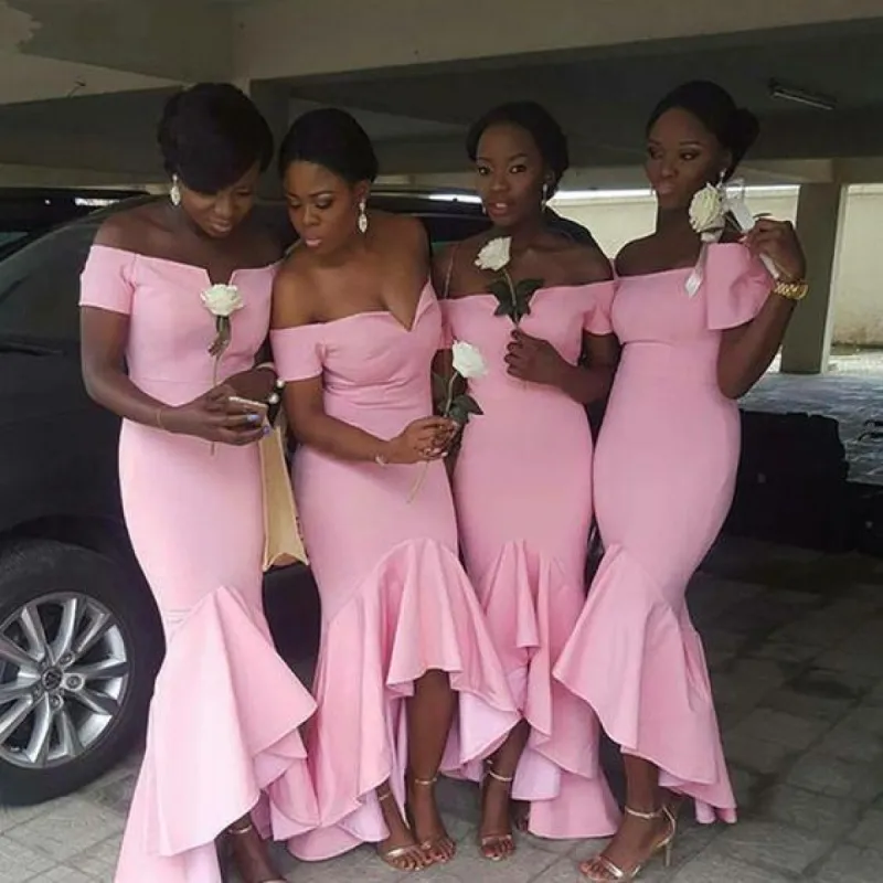 Cheap Off the Shoulder Pink Bridesmaid Dresses Hi Low Wedding Guest Dress sold by My Chic Dress