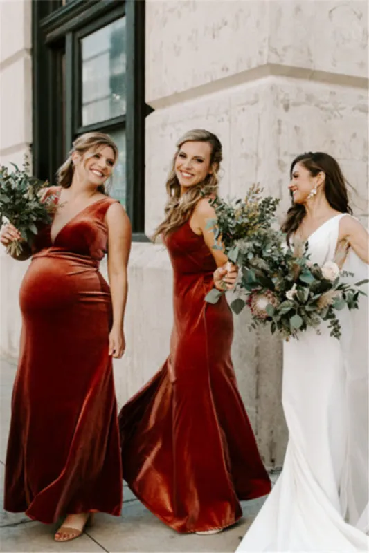 Mermaid Long Velvet Bridesmaid Dresses Deep V Neck Sleeveless sold by My Chic Dress