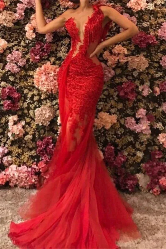 See Through Lace Red Prom Dresses One Shoulder Evening Gown sold by My Chic Dress