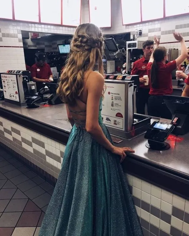 Hot Spaghetti Strap Glitter V Neck Prom Dresses Split Homecoming Dresses sold by My Chic Dress