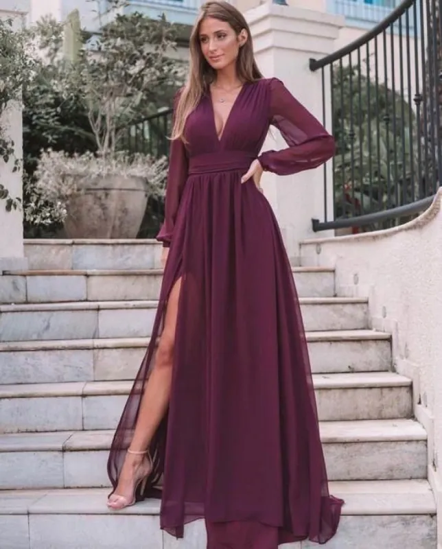 Burgundy Long Sleeves Wedding Guest Dresses Fall Chiffon V Neck sold by My Chic Dress