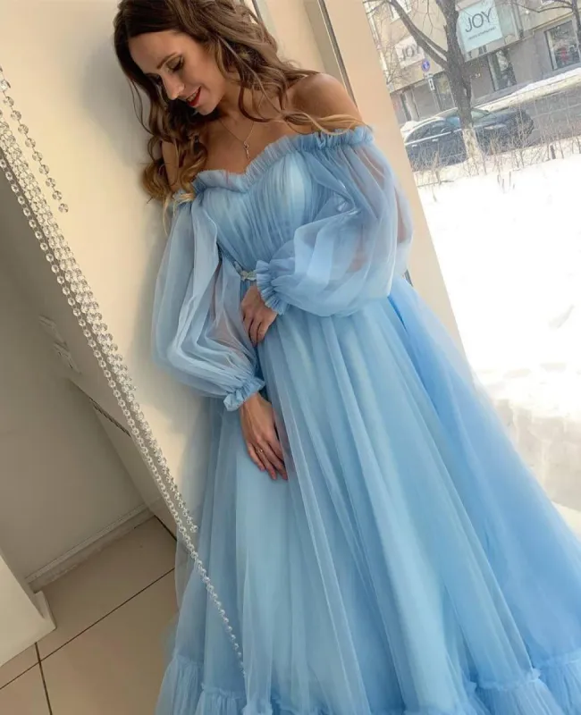 A-line Sky Blue Bohemian Tulle Beach Summer Wedding Dresses sold by My Chic Dress