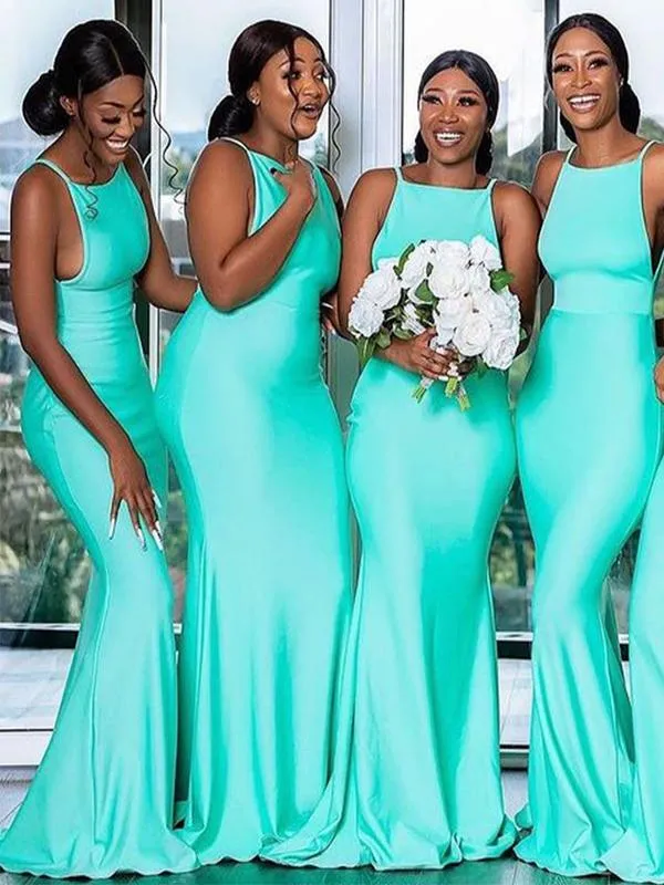 Floor Length Mermaid Sleeveless Long Turquoise Bridesmaid Dresses sold by My Chic Dress