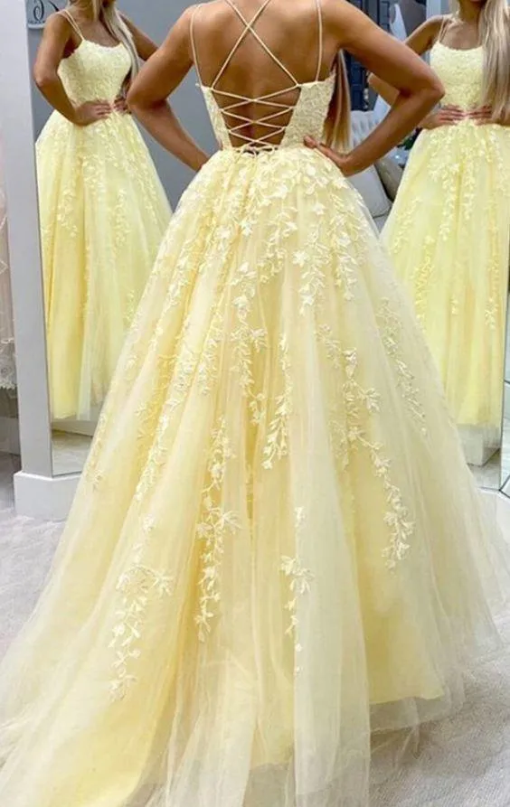 A Line Lace Yellow Homecoming Dresses Long Sleeveless Prom Dresses sold by My Chic Dress product image thumbnail 2