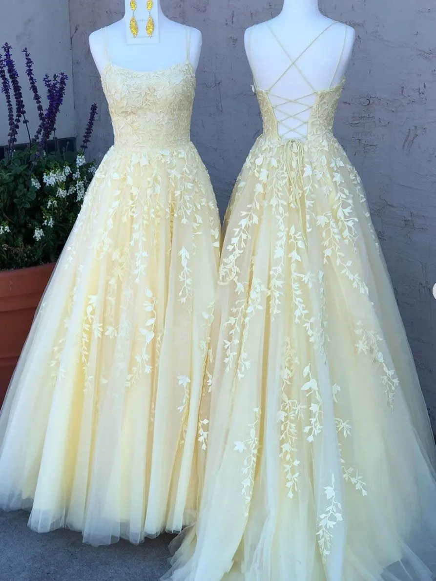 A Line Lace Yellow Homecoming Dresses Long Sleeveless Prom Dresses sold by My Chic Dress