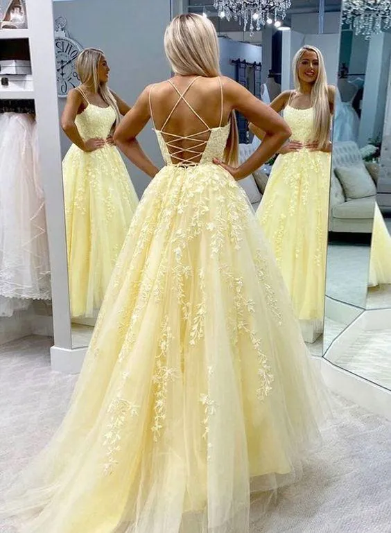 A Line Lace Yellow Homecoming Dresses Long Sleeveless Prom Dresses sold by My Chic Dress product image thumbnail 3