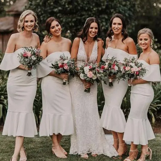 Elegant Tea-Length Mermaid Off the Shoulder Bridesmaid Dress sold by My Chic Dress