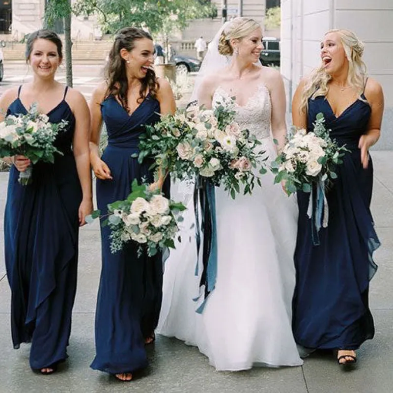 Simple Navy Blue Chiffon Bridesmaid Dresses Spaghetti Straps sold by My Chic Dress