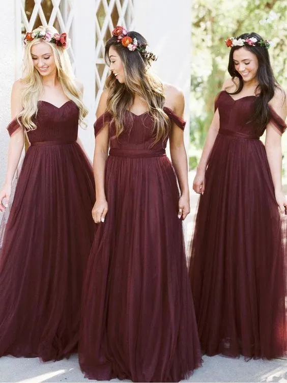 Burgundy Tulle Bridesmaid Dresses Off the Shoulder Wedding Party Dress sold by My Chic Dress