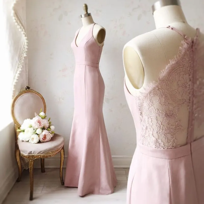 Mermaid Dusty Pink Wedding Guest Dresses Long Lace Bridesmaid Dress sold by My Chic Dress