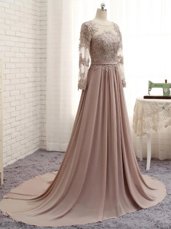 A Line Long Sleeves Lace Prom Dresses Chiffon Evening Gown sold by My Chic Dress