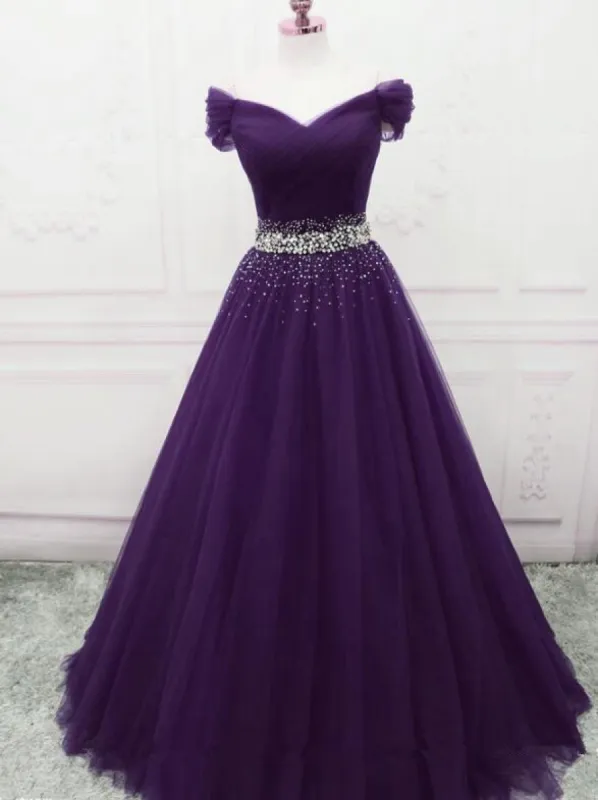A Line Off the Shoulder Tulle Purple Prom Dresses with Beaded sold by My Chic Dress