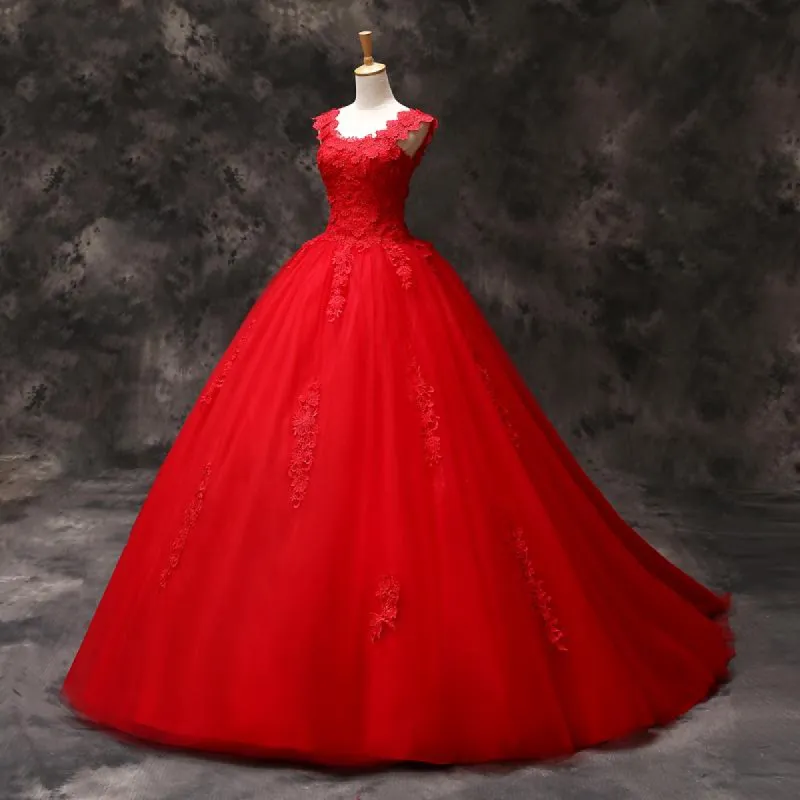 Red Ball Gown Wedding Dresses Lace Tulle Sweet 16 Dresses sold by My Chic Dress