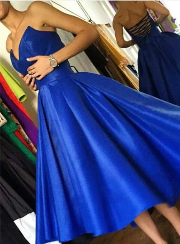 Sweetheart Royal Blue Satin Homecoming Dresses Criss Cross Back sold by My Chic Dress product image thumbnail 3