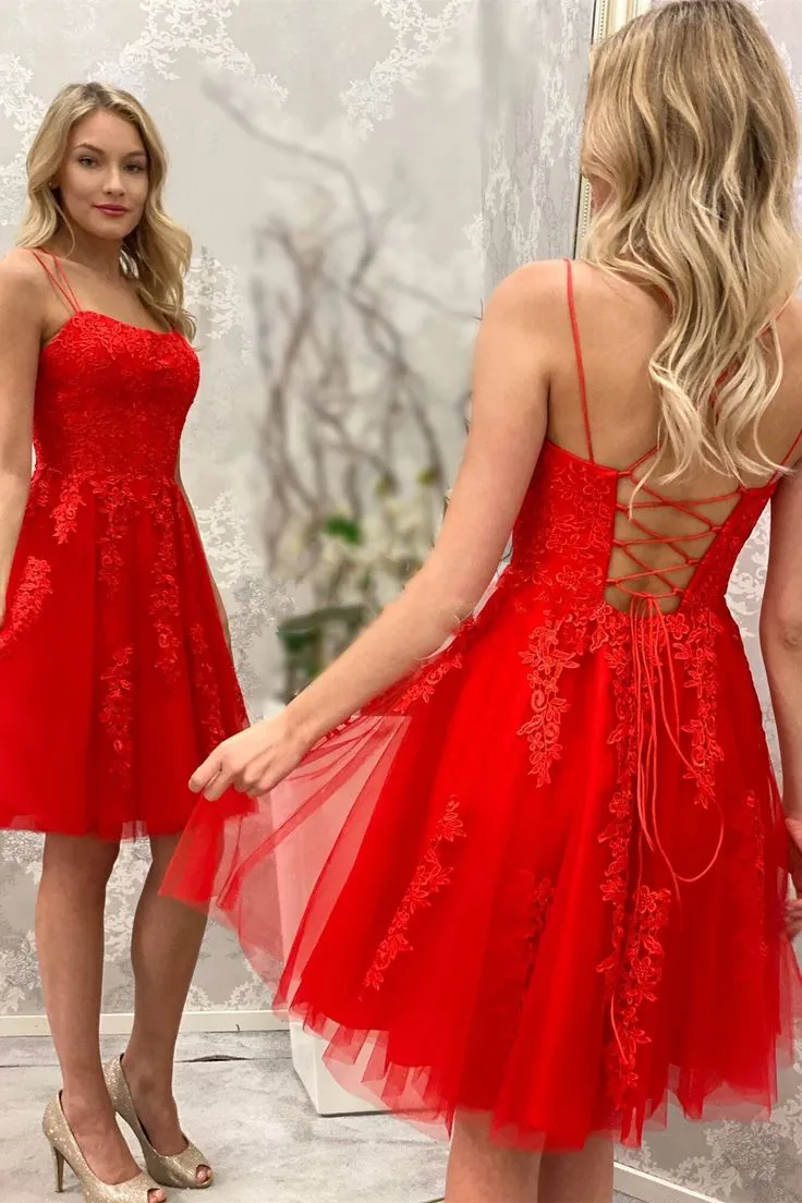 Simple Spaghetti Straps Red Lace Short Homecoming Dresses sold by My Chic Dress product image thumbnail 2