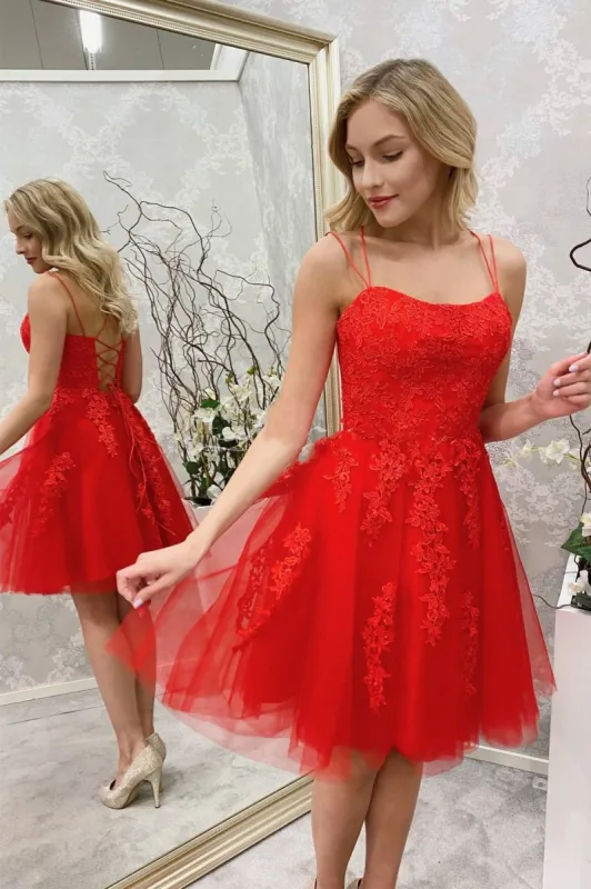 Simple Spaghetti Straps Red Lace Short Homecoming Dresses sold by My Chic Dress