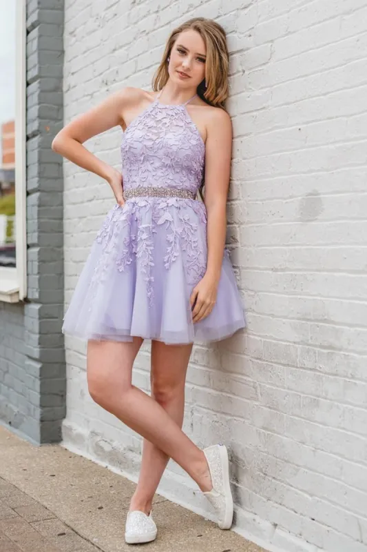 Purple Lace Homecoming Dresses Beaded Halter Hoco Dress sold by My Chic Dress