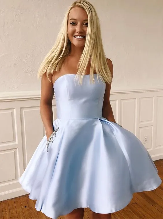 A Line Sky Blue Short Homecoming Dresses Strapless Pockets sold by My Chic Dress